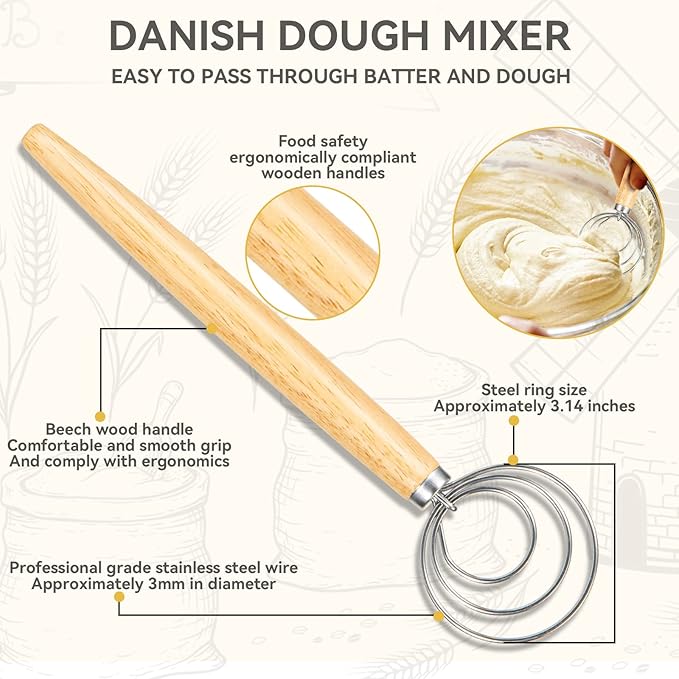 Danish Dough Whisk - Bread Whisk Set of 3 pieces, Bread Making Tools and Supplies, Danish Sourdough Whisks, Dutch Whisks for Dough, With Dough Scraper Sourdough Cutter, Lame Doughs Scoring Tool Blades - Image 3