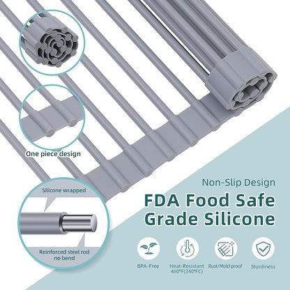 Ohuhu Sink Drying Rack, 20.5" W x 16.1" L Over The Sink Roll-Up Dish Drainer - Rolling Foldable Accessories Heat-Resistant Mat Anti-Slip Silicone Coated Multipurpose for Kitchen Counter - Image 4