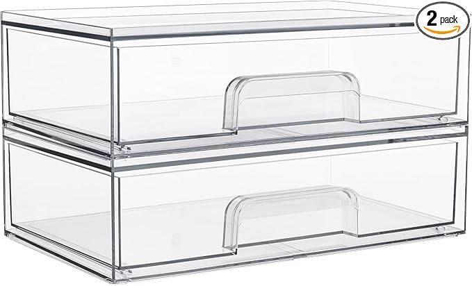 Vtopmart 12.1''W Clear Stackable Storage Drawers,2 Pack Acrylic Plastic Organizers Bins for Makeup Palettes, Cosmetics, and Beauty Supplies,Ideal for Vanity, Bathroom,Cabinet,Desk Organization by Vtopmart