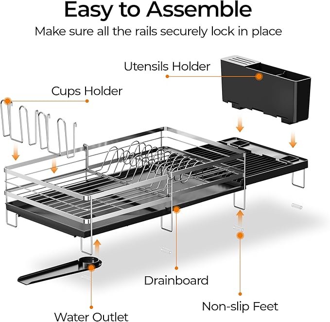 Delamu Stainless Steel Dish Drying Rack, Expandable Dish Drainer, Anti-Rust Large Dish Racks for Kitchen Counter, Dish Strainers with Drainboard, Utensil & Cup Holder, 13.4"-28.7" L x 11.8" W, Silver - Image 8