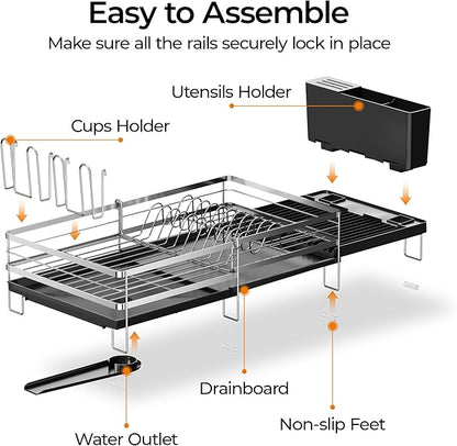 Delamu Stainless Steel Dish Drying Rack, Expandable Dish Drainer, Anti-Rust Large Dish Racks for Kitchen Counter, Dish Strainers with Drainboard, Utensil & Cup Holder, 13.4"-28.7" L x 11.8" W, Silver - Image 8