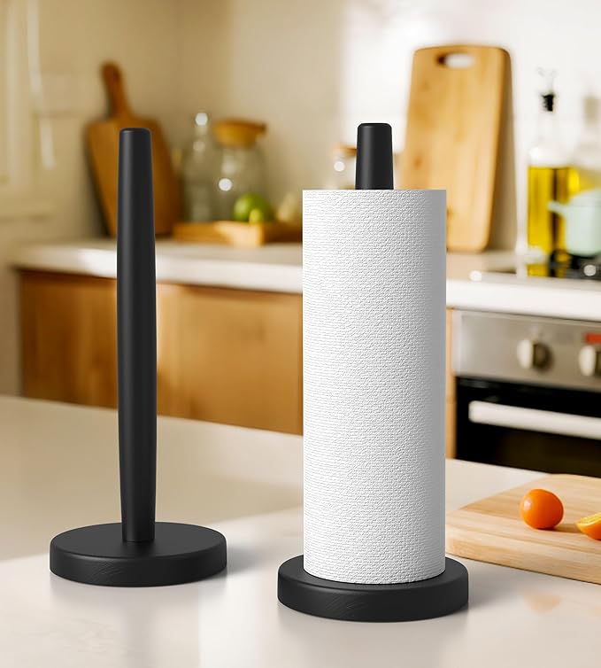 KitchLife Wooden Paper Towel Holder Countertop - Solid Freestanding Paper Towel Dispenser Stand with Anti-Skid Base (Black) - Image 5