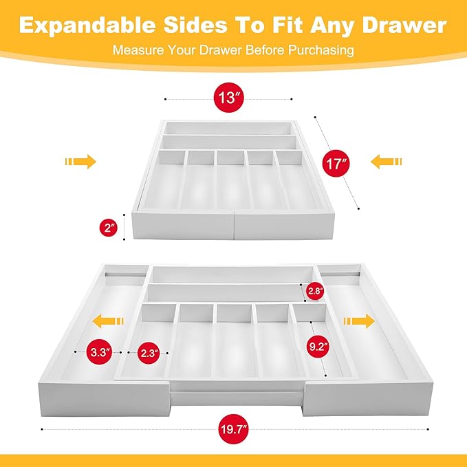 Large Premium Bamboo Silverware Organizer - Expandable Drawer Organizer & Utensil Organizer - 17"x19.7" Cutlery Tray with Dividers for Kitchen Utensils and Flatware (7-9 Slots) (White) - Image 2
