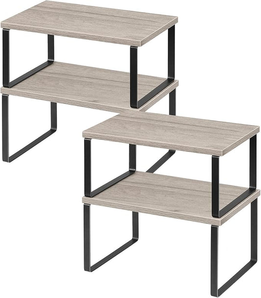NEX Kitchen Cabinet and Counter Shelf Organizer, Shelf Riser for Pantry Countertop Cupboard Desk Top, Stackable & Expandable, Set of 4, Black and Greige by NEX
