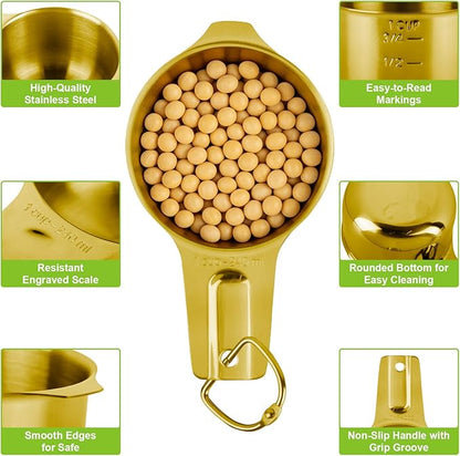 7 Pcs Gold Measuring Cups Stainless Steel, Nesting Metal Measuring Cups with Markings & Ring, Stackable Measure Cups Spoons Set for Cooking Baking Supplies, Kitchen Utensils for Dry Liquid Ingredients - Image 3