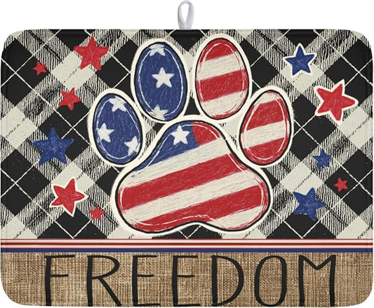 4th of July Dish Drying Mat 24x18 Inch, Patriotic Drying Mat with Absorbent Reversible Microfiber, Independence Day Dish Drainer Mats Memorial Day Rack Pad for Coffee Countertop Kitchen Protector