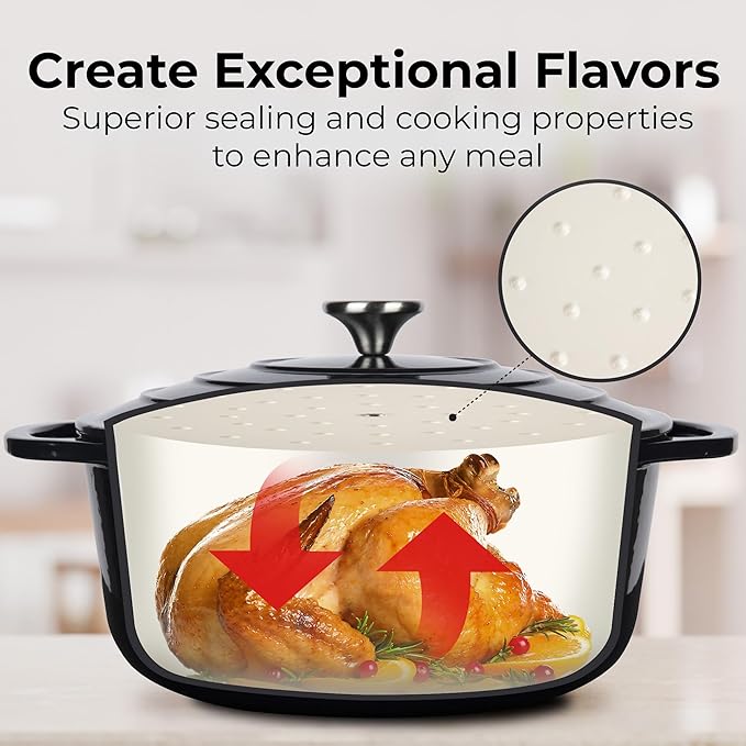 Zulay Kitchen 7.7 Quart Enameled Cast Iron Dutch Oven Pot with Lid – Premium Durability & Oven Safe up to 500°F – Heavy Duty Cookware Perfect for Bread Baking, Stews, Braising & Roasting – Black - Image 4