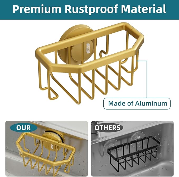 TAILI Sponge Holder for Kitchen Sink with Strong Suction Cup Removable, Rustproof Aluminum Sink Caddy for Sponge, Brush, Scrubber, Scraper -Gold - Image 5