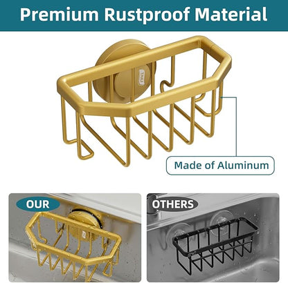 TAILI Sponge Holder for Kitchen Sink with Strong Suction Cup Removable, Rustproof Aluminum Sink Caddy for Sponge, Brush, Scrubber, Scraper -Gold - Image 5