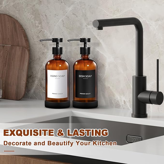 RYTOXILO Hand Soap Dispenser for Bathroom 2 Pack, Amber Glass Soap Dispenser with Stainless Steel Pump, 16.9 Fl oz Hand and Dish Soap Dispensers Set Kitchen, Modern Brown Soap Lotion Dispensers Bottle - Image 6