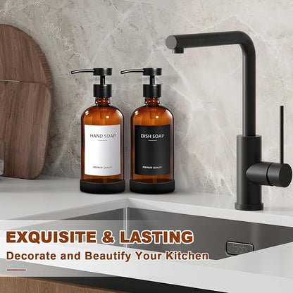 RYTOXILO Hand Soap Dispenser for Bathroom 2 Pack, Amber Glass Soap Dispenser with Stainless Steel Pump, 16.9 Fl oz Hand and Dish Soap Dispensers Set Kitchen, Modern Brown Soap Lotion Dispensers Bottle - Image 6