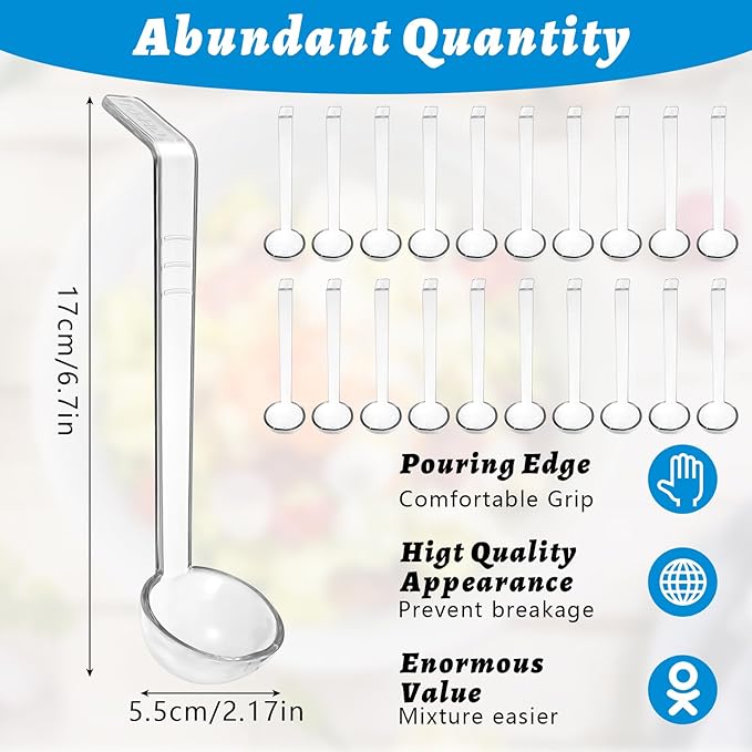 20 PCS 1 oz Plastic Soup Ladle with 7 Inches Long Handle, Mini Ladle Spoon for Serving Salad Dressings Punch Bowl Sauces and Toppings（Transparent）