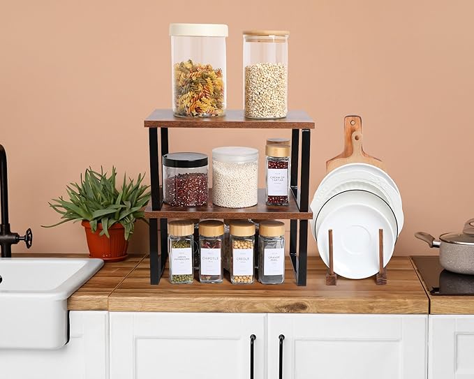 Marsui 4 Pcs Kitchen Organizer Accessories Set Cabinet Organizer Shelf and Bamboo Dish Drying Plate Rack Counter Shelves Storage Holder for Spice Rack, Dish, Pot Lid, Bowl, Cup(Deep Color) - Image 6