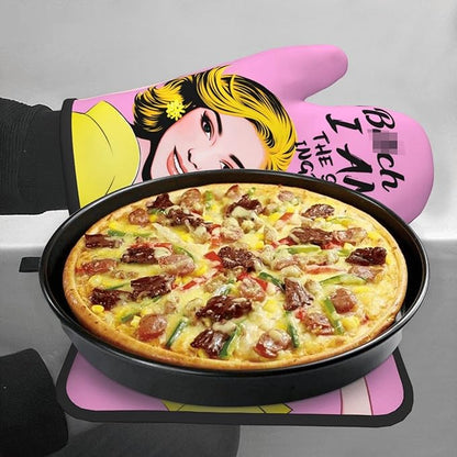 Cute Pink Oven Mitts and Pot Holders Set of 3, Heat Resistant Non-Slip Funny Hot Pad and Kitchen Gloves, Spring Funny Gifts for Cooking Lovers Women, Fun Kitchen Decor for Baking Cooking Grilling - Image 4