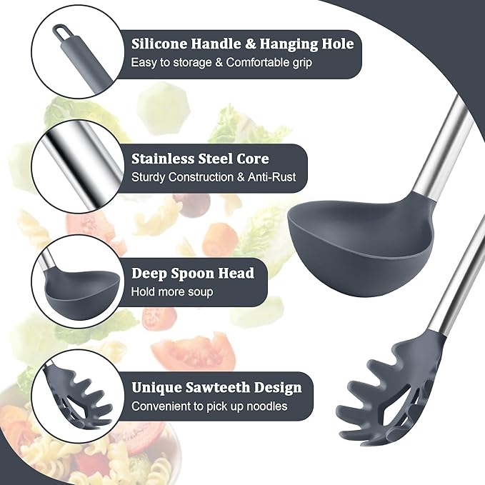 TeamFar Silicone Kitchen Utensils, 2 Pcs Large Nonstick Soup Ladle and Pasta Fork for Cooking Mixing Serving Soup, Sauce, Spaghetti, Eggs, Non-Toxic & Heat-Proof, Dishwasher Safe, Light Grey - Image 3