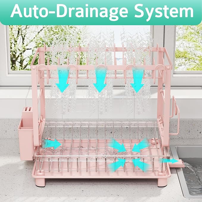 Multifunctional Dish Drying Rack - Rustproof, 2-Tier Dish Racks with Drainboard, Space-Saving Design, Utensil & Cup Holder for Kitchen Counter, Pink - Image 3