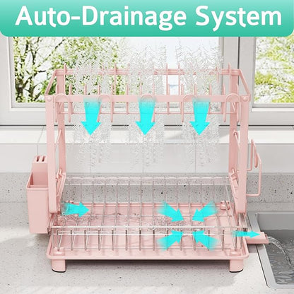 Multifunctional Dish Drying Rack - Rustproof, 2-Tier Dish Racks with Drainboard, Space-Saving Design, Utensil & Cup Holder for Kitchen Counter, Pink - Image 3