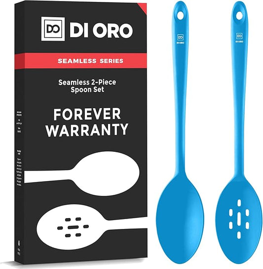 DI ORO Silicone Mixing & Serving Spoons - Large Heat-Resistant Non Stick Utensils Big Solid & Slotted Basting Spoons - Dishwasher Safe (2pc, Blue) by DIORO