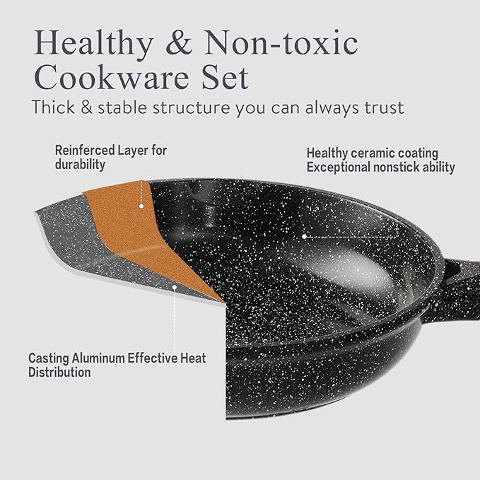 Pots and Pans Set Non Stick Non-Toxic 22 Pcs Ceramic Cookware Sets Nonstick Kitchen Pot&Pan With Lid Black Granite Induction Compatible with Glass Lids Crepe Frying Pan PFOA/PFOS-Free - Image 5