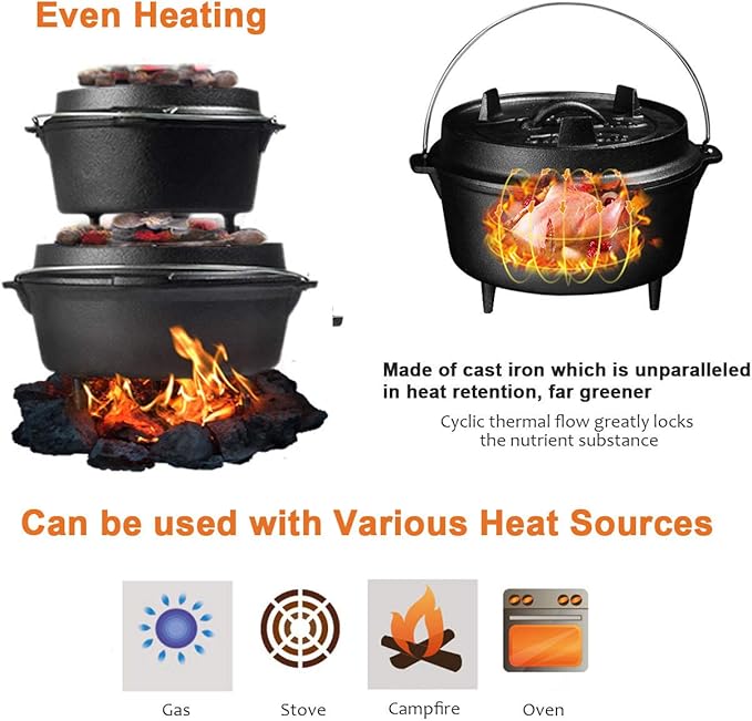Overmont Camp Dutch Oven Pre Seasoned Cast Iron Lid Also a Skillet Casserole Pot with Lid Lifter for Camping Cooking BBQ Baking 6QT(Pot+Lid) - Image 2