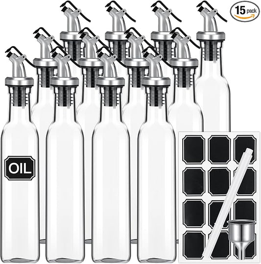 Hushee 12 Pcs Clear Glass Olive Oil Dispenser Bottles Sets Include 8oz Glass Bottle with Spout Oil Vinegar Cruet Container for Kitchen Stainless Steel Funnel Black Labels with White Pen(Silver) by Hushee