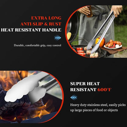 Grill Tongs - 17 Inch Extra Long BBQ Tongs, Heat Resistant Stainless Steel Kitchen Tong, Heavy Duty Metal Locking Tong for Cooking, Grilling, BBQ/Barbecue, Food (All Metal - 17")
