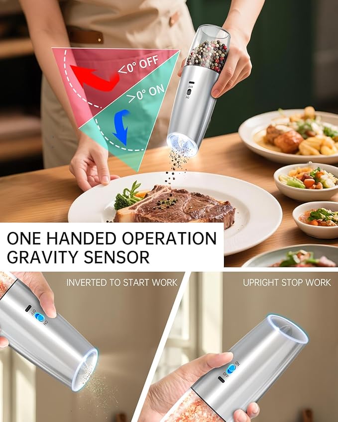 CIRCLE JOY Rechargeable Gravity Electric Salt and Pepper Grinder Set, Stainless Steels Salt and Pepper Mills with LED Light, No Battery Needed, Adjustable Coarseness, Washable 135ml Container, Silver - Image 4