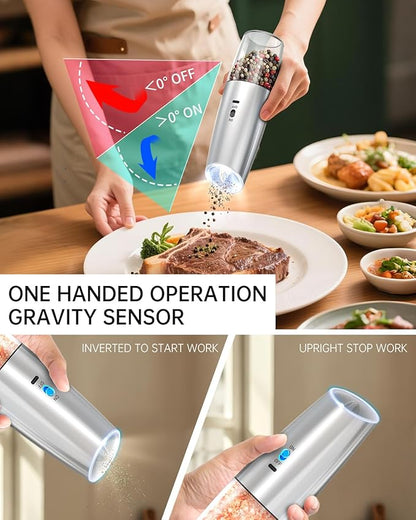 CIRCLE JOY Rechargeable Gravity Electric Salt and Pepper Grinder Set, Stainless Steels Salt and Pepper Mills with LED Light, No Battery Needed, Adjustable Coarseness, Washable 135ml Container, Silver - Image 4