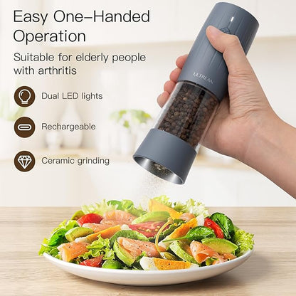 Ultrean Pepper Grinder, Electric Salt and Pepper Grinder Set with USB-C Rechargeable, Spice Mill, 6 Adjustable Coarseness, LED Light, Larger Capacity, Gift for Women Mom, Blue-Grey