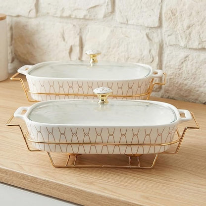 13" x 9" Ceramic Casserole Dish with Glass Lid and Rack, 68 ounce Serving Soup Tureen,Chafing Dish for Buffet, Family Food preserve Tray, Catering Casserole for Party Style, White
