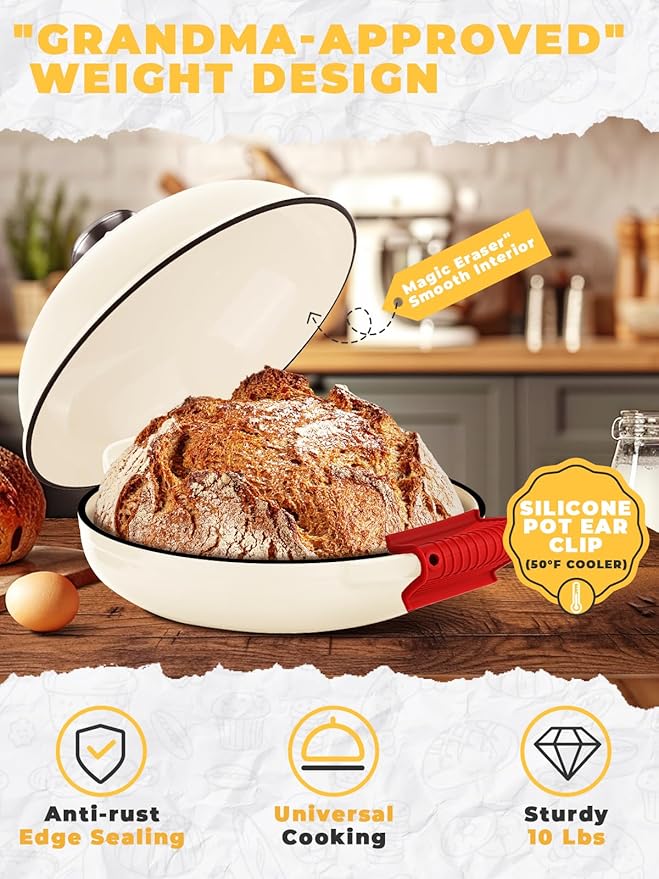Dutch Oven Bread Baking Pot with Lid 6QT Enameled Cast Iron Oven, White Design & Complete Sourdough Kit (Banneton Basket, Dough Tools, Silicone Sling) for Artisan Bread Making