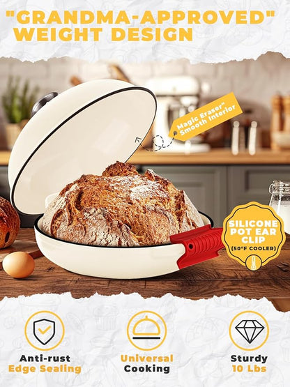 Dutch Oven Bread Baking Pot with Lid 6QT Enameled Cast Iron Oven, White Design & Complete Sourdough Kit (Banneton Basket, Dough Tools, Silicone Sling) for Artisan Bread Making