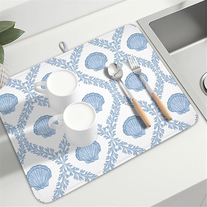 Summer Sea Shell Drying Mat 24x18 Inch, Light Blue Drying Mat with Absorbent Reversible Microfiber, Coastal Dish Drainer Mats Holiday Ocean Rack Pad for Coffee Countertop Kitchen Protector
