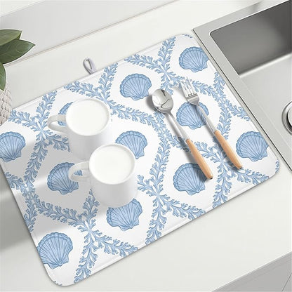 Summer Sea Shell Drying Mat 24x18 Inch, Light Blue Drying Mat with Absorbent Reversible Microfiber, Coastal Dish Drainer Mats Holiday Ocean Rack Pad for Coffee Countertop Kitchen Protector
