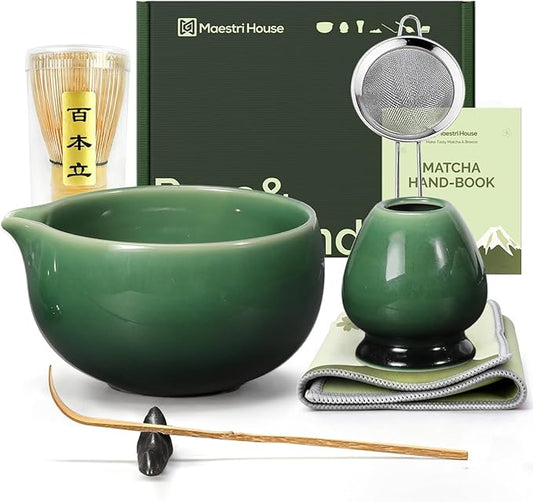 Maestri House Matcha Whisk Set, 7-Pc Complete Matcha Kit with Spouted Ceramic Bowl, Bamboo Whisk and Holder, Scoop, Spoon Rest & Sifter, Tea Cloth – Ideal Gift for Matcha Lovers (Emerald Kanso) by MaestriHouse