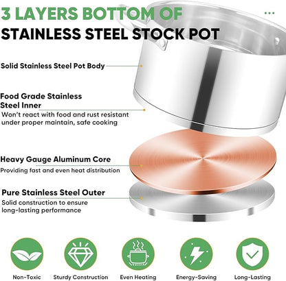 TeamFar Stainless Steel Stock Pot, 4-quart Tri-ply Base Stockpot Cooking Pasta Pot with Lid, for Induction Gas Glass Electric, Healthy & Heavy Duty, Ergonomic Handles & Straight Side, Dishwasher Safe - Image 3