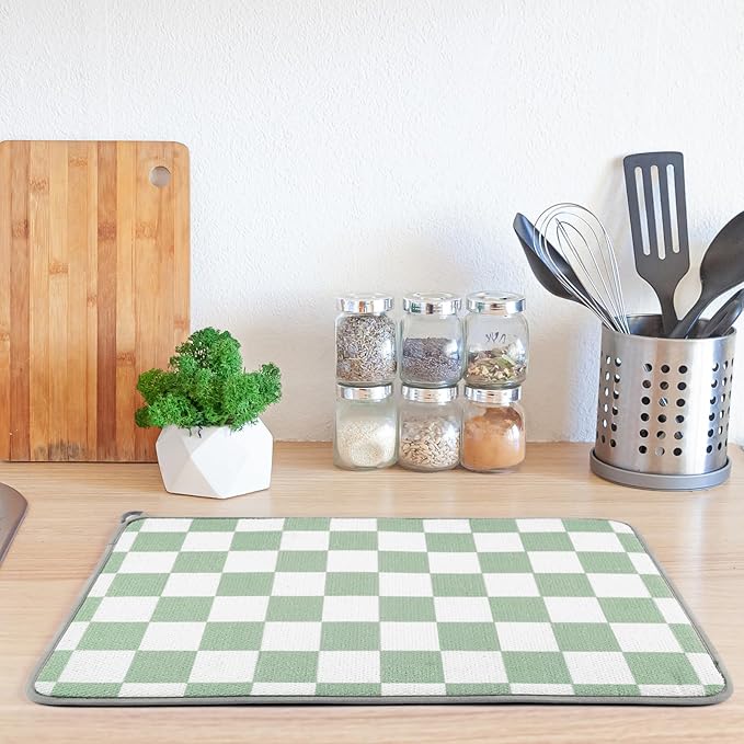 Zonon Green Checkered Dish Drying Mat for Kitchen Counter 16" x 24" Microfiber Absorbent Dish Drainer Rack Pads Fast Dry Mat Vintage Kitchen Decorations - Image 7