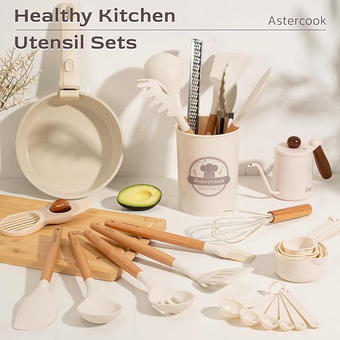 Astercook Kitchen Utensils set, 39 PCS Silicone Cooking Utensils Set with Wooden Handle, 446°F Heat Resistant Food Grade Utensil Sets, BPA Free Kitchen Gadgets Tools Set for Mothers Day Gifts - Image 3