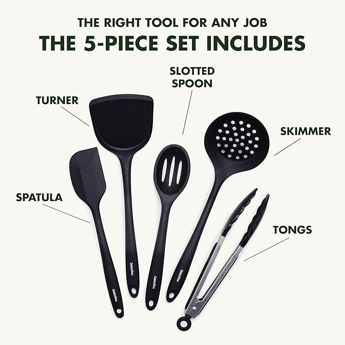 GreenPan 5 Piece Cooking Utensil Set, Flexible Nonstick Silicone, Stain-Free, Tongs, Turner, Spatula, Skimmer, and Slotted Spoon, Black - Image 5