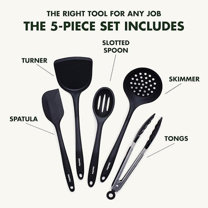 GreenPan 5 Piece Cooking Utensil Set, Flexible Nonstick Silicone, Stain-Free, Tongs, Turner, Spatula, Skimmer, and Slotted Spoon, Black - Image 5