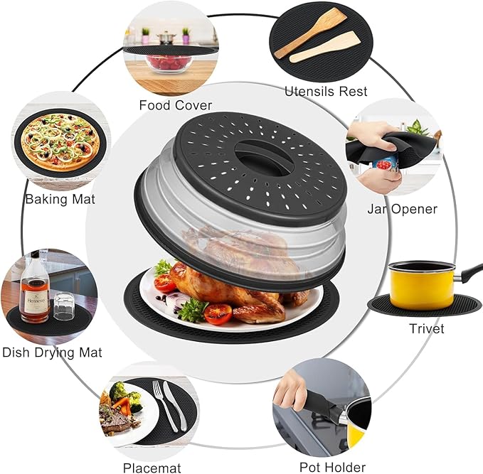 4 in 1,WENWELL 2 Microwave Splatter Cover & 2 Mat,Cooking Splash Guard with Handle,Kitchen dish bowl Plate Proof Food lid & Silicone Round mat,Home Apartment Essential - Image 6