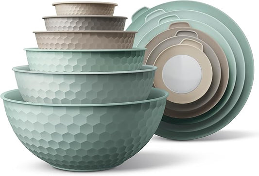 COOK WITH COLOR Mixing Bowls with Lids - 12 Piece Plastic Nesting Bowls Set includes 6 Prep Bowls and 6 Lids, Microwave Safe Mixing Bowl Set, Mint Embossed by CookwithColor