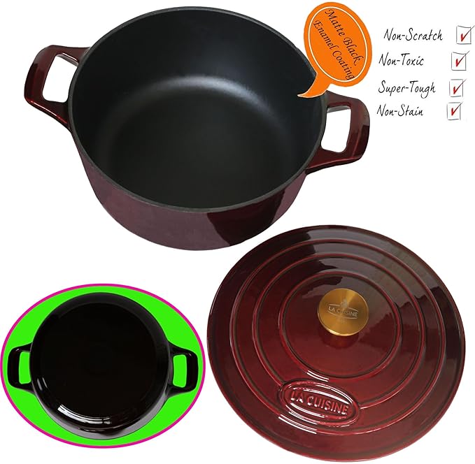 La Cuisine Enameled Cast Iron Dutch Oven Casserole Pot with Lid 6.5 QT 11" /28cm Dia. Internal Matt Black Enamel Coating Gold-Plated SS Lid Handle Oven Safe up to 500° F for bread baking, Cranberry