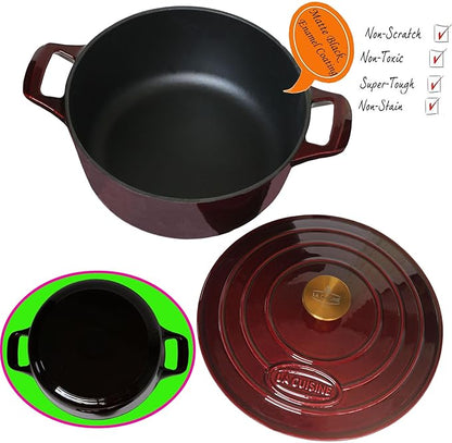 La Cuisine Enameled Cast Iron Dutch Oven Casserole Pot with Lid 6.5 QT 11" /28cm Dia. Internal Matt Black Enamel Coating Gold-Plated SS Lid Handle Oven Safe up to 500° F for bread baking, Cranberry