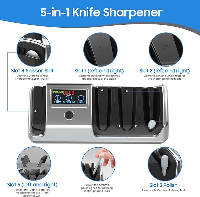 5-in-1 Electric Knife Sharpener for Kitchen Knives, with 100% Diamond Abrasives, 3 Adjustable Speeds, Quickly Sharpening for Straight/Serrated/Kitchen Knives, Scissors - Image 2