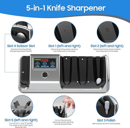 5-in-1 Electric Knife Sharpener for Kitchen Knives, with 100% Diamond Abrasives, 3 Adjustable Speeds, Quickly Sharpening for Straight/Serrated/Kitchen Knives, Scissors - Image 2