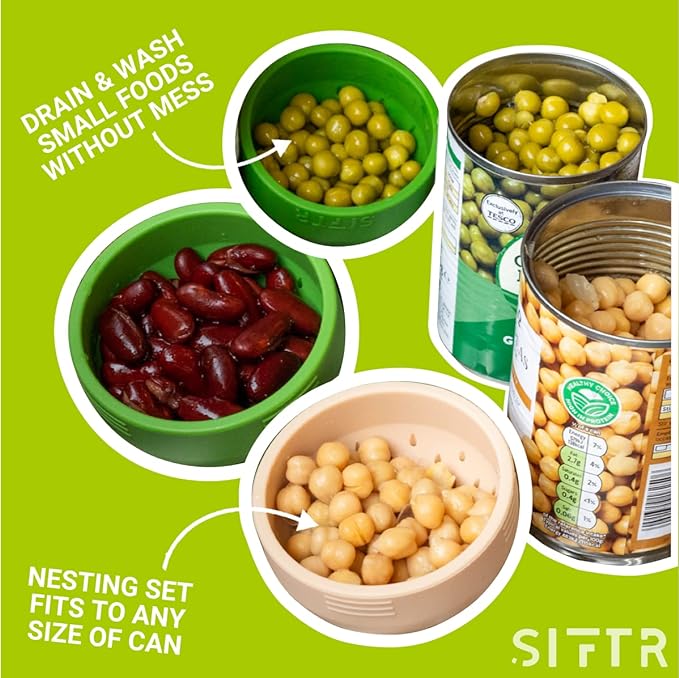 (GREEN) Nesting Can Strainer Mini Colander Set - Space Saving Small Colanders and Strainers - Multi Use Kitchen Gadget - Silicone Can Strainer