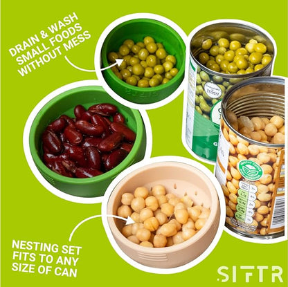 (GREEN) Nesting Can Strainer Mini Colander Set - Space Saving Small Colanders and Strainers - Multi Use Kitchen Gadget - Silicone Can Strainer