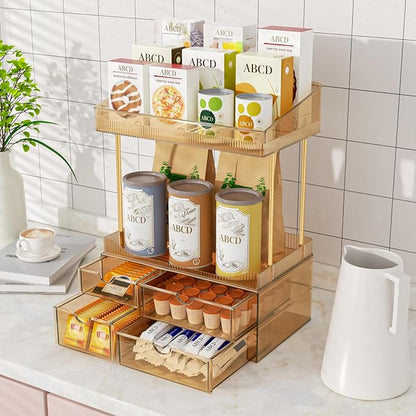 SNSLXH 4 Drawers Makeup Organizer - 4 Tier Makeup Storage, Cosmetics Organiser, Ideal for Cosmetic, 4 Dividers with Drawers for Countertop, Bathroom, Office Supplies, Dresser Transparent Tawny - Image 5