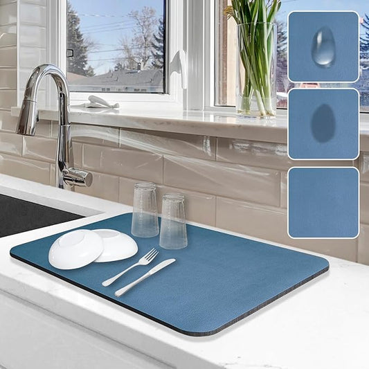 Dish Drying Mat for Kitchen Counter, 12"x19" Dish Drying Pad with Non-slip Rubber Backed, Hide Stain Anti Absorbent for Kitchen Counter, Drying Mat for Coffee Machine Dish Rack (Blue) by Etomiel